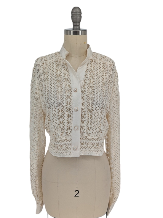 Tops - 00626 Women's Crochet Pearl Button Front Top Cream size Small western bohemian